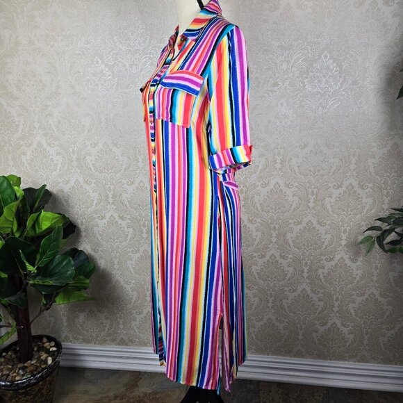 C Size Small Midi Length Multi Color Striped Dress Pockets Belt Button Front - Picture 7 of 13